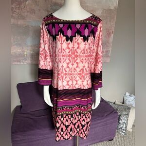 ADT Pink, Peach and Black Pattern Sheath Dress Bateau Neckline 3/4 Sleeve S 16